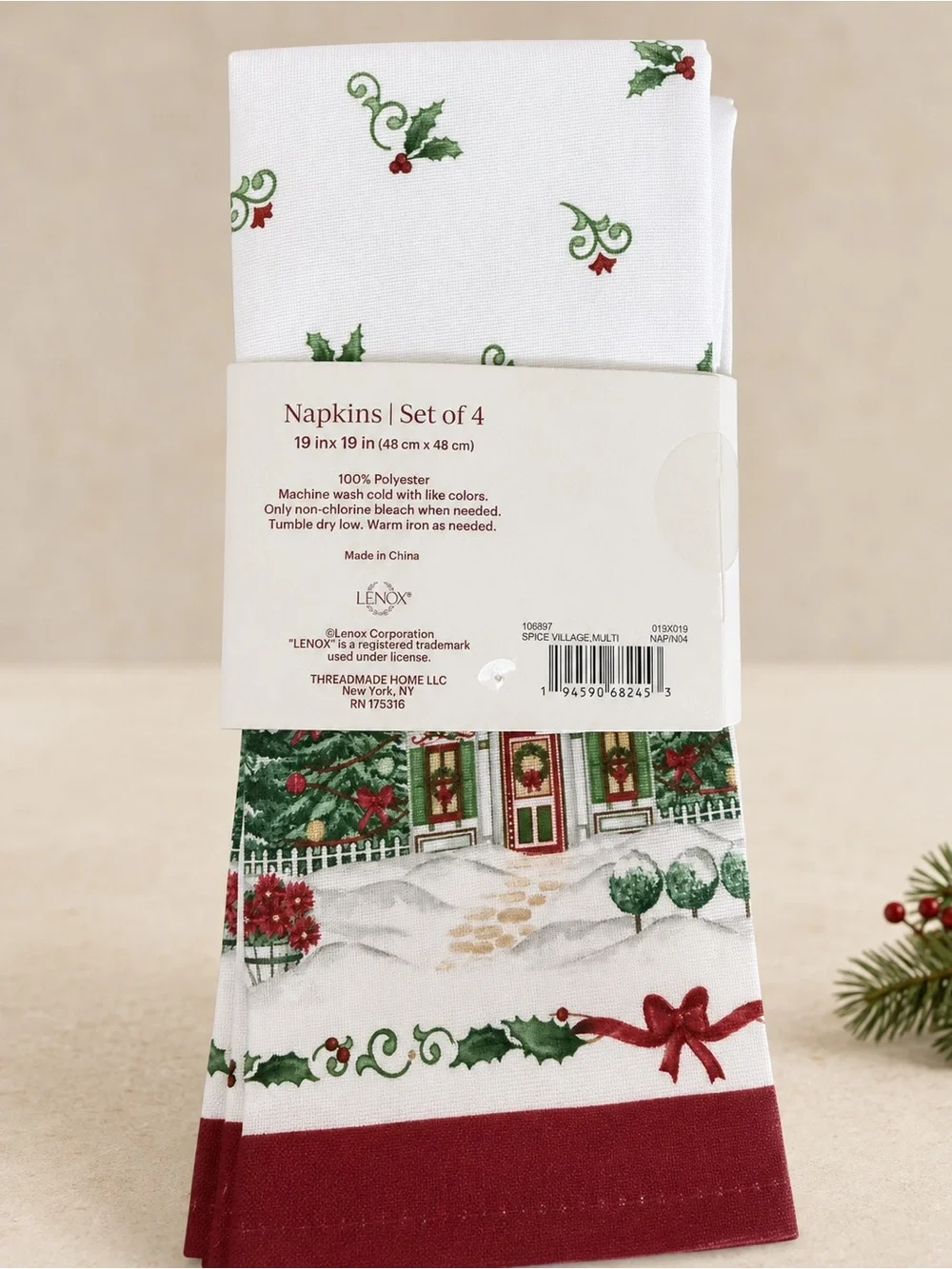 Lenox Spice Village Christmas Napkins Set of 4 - White & Red